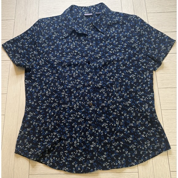 Laura Scott Women's‎ Blue Floral Button Down Short Sleeve Poly Blouse. Sz MP - Picture 1 of 8